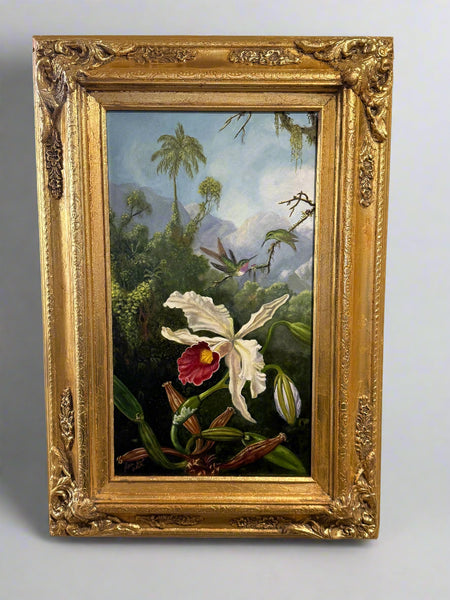 Gilded Framed Oil Painting Two Hummingbirds Over A White Orchid Antique Style