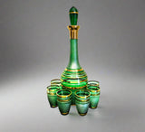 Bohemian Crystal Green And Gold Striped Decanter With 6 Glasses Blown Glass