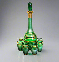 Bohemian Crystal Green And Gold Striped Decanter With 6 Glasses Blown Glass