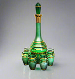 Bohemian Crystal Green And Gold Striped Decanter With 6 Glasses Blown Glass