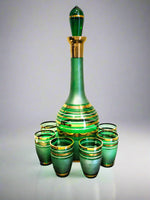 Bohemian Crystal Green And Gold Striped Decanter With 6 Glasses Blown Glass