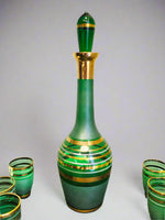 Bohemian Crystal Green And Gold Striped Decanter With 6 Glasses Blown Glass