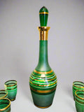 Bohemian Crystal Green And Gold Striped Decanter With 6 Glasses Blown Glass