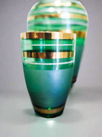 Bohemian Crystal Green And Gold Striped Decanter With 6 Glasses Blown Glass Drink & Barware