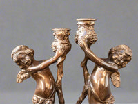 Vintage Bronze Pair Cherub Candle Holders Candlesticks Putti