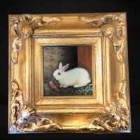 Gilded Framed Small Oil Painting Bunny Rabbit And Carrot Antique Style Hand Painted