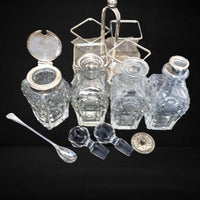 Antique Silver Plate Cut Crystal Glass Condiment Cruet Set