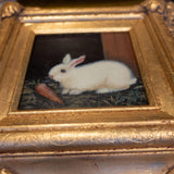 Gilded Framed Small Oil Painting Bunny Rabbit And Carrot Antique Style Hand Painted