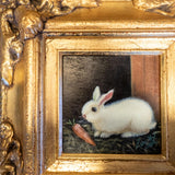 Gilded Framed Small Oil Painting Bunny Rabbit And Carrot Antique Style Hand Painted