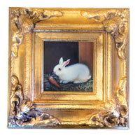 Gilded Framed Small Oil Painting Bunny Rabbit And Carrot Antique Style Hand Painted