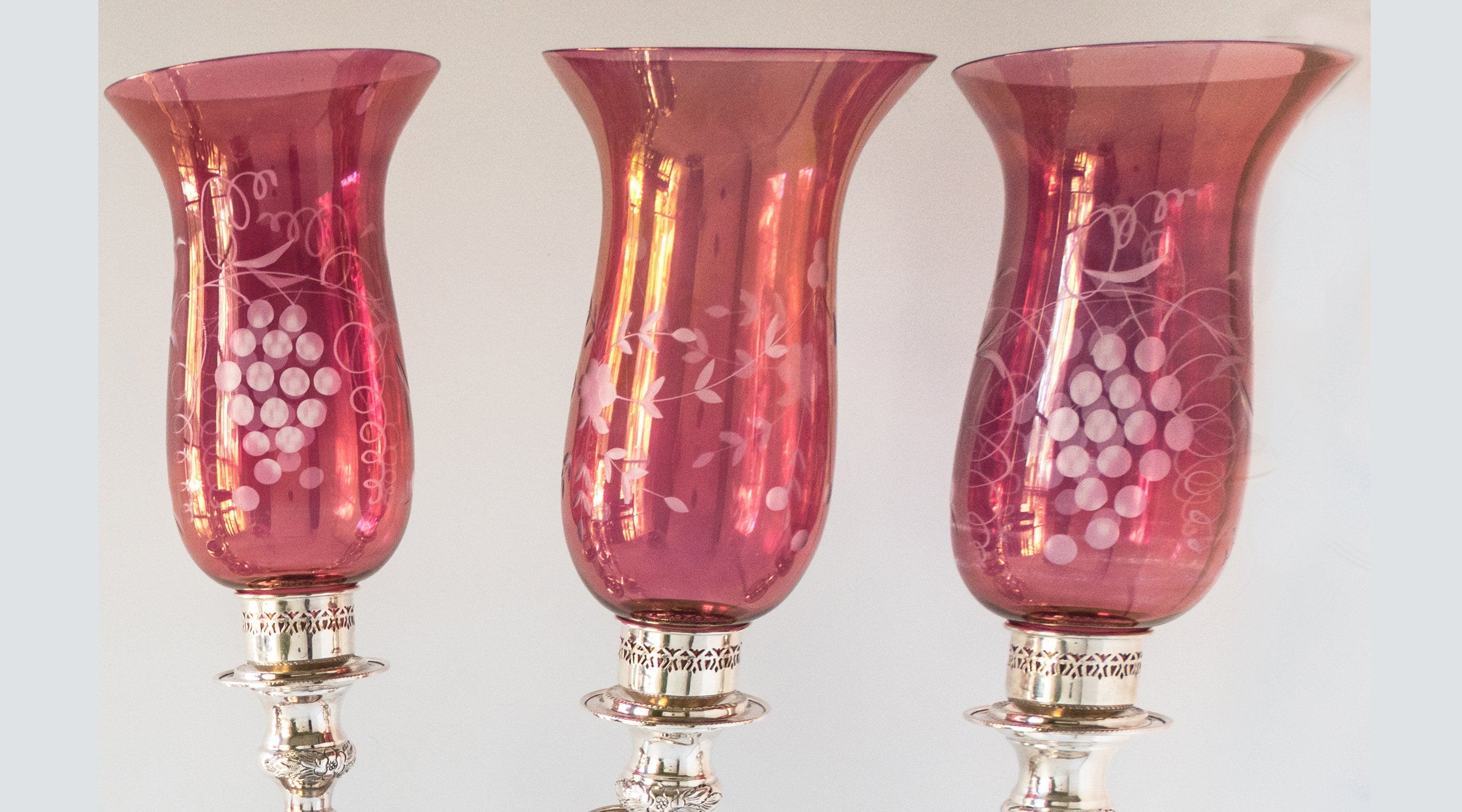 Vintage cranberry deals glass hurricane lamps