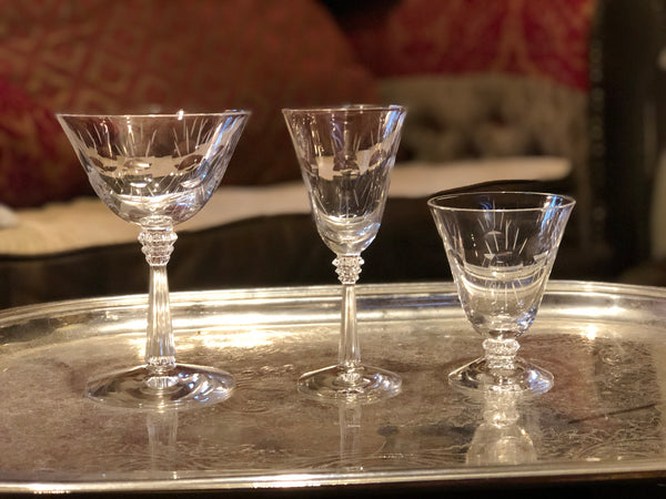 2 Vintage Clear Crystal Floral Etched Cordial Wine Glasses