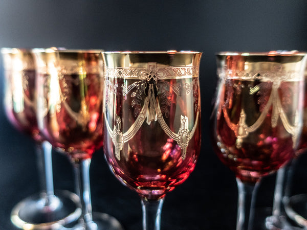 Ruby Red Crystal Gold Trimmed Wine Glasses Goblets Red Glassware Set of 4 