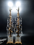 Vintage Pair Italian Tole Lamps Gold With Crystals 24K Table Lamps