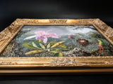 Gilded Framed Oil Painting Cattleya Orchid And 3 Hummingbirds Antique Style Painting